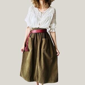 The Simple Folk XL Corduroy Midi Skirt Olive Green Made In Portugal 100% Cotton
